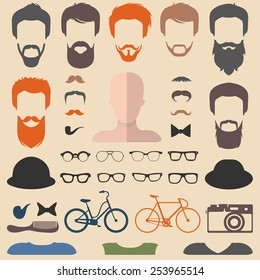 Big vector set of dress up constructor with different men hipster haircuts, glasses, beard, mustache, bikes in trendy flat style. App man faces icon creator.