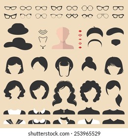 Big vector set of dress up constructor with different woman haircuts, glasses, lips, wear, jewellery in trendy flat style. Female faces icon creator.