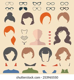 Big vector set of dress up constructor with different woman haircuts, glasses, lips, wear, jewellery in trendy flat style. Female faces icon creator.