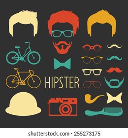 Big vector set of dress up constructor with different men hipster haircuts, glasses, beard, mustache, bikes in trendy flat style. Male faces icon creator.