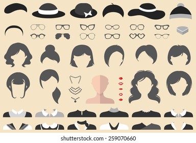 Big vector set of dress up constructor with different woman haircuts, glasses, lips, wear, jewellery in trendy flat style. Female faces icon creator.