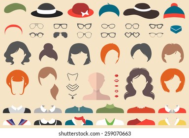 Große Vektorillustration von Kleiderkonstrukteur mit verschiedenen Frauenhaircuts, Brille, Lippen, Kleidung, Schmuck im trendigen Stil. Weibliche Gesichter Symbol-Schöpfer.