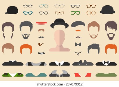 Big vector set of dress up constructor with different men glasses, beard, mustache, wear in trendy flat style. Male faces icon creator.