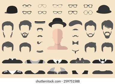 Big vector set of dress up constructor with different men glasses, beard, mustache, wear in trendy flat style. Male faces icon creator.