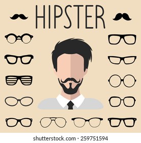 Big vector set of dress up constructor with different men hipster glasses, mustache in trendy flat style. Male faces icon creator.