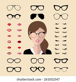 Big vector set of dress up constructor with different woman eyelashes, glasses, lips in trendy flat style. Female faces icon creator.