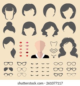 Big vector set of dress up constructor with different woman haircuts, glasses, lips, eyelashes, wear, jewellery in trendy flat style. Female faces icon creator.