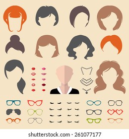 Big vector set of dress up constructor with different woman haircuts, glasses, lips, eyelashes, wear, jewellery in trendy flat style. Female faces icon creator.