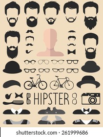 Big vector set of dress up constructor with different men hipster haircuts, glasses, beard, mustache, bikes in trendy flat style. App man faces icon creator.