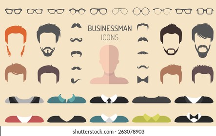 Big vector set of dress up constructor with different businessman glasses, beard, mustache, wear in trendy flat style. Male faces icon creator.