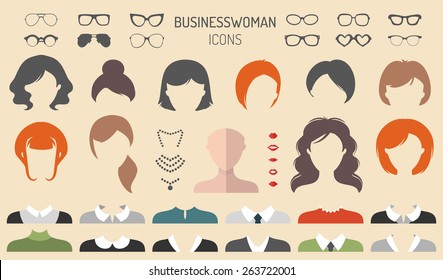 Big vector set of dress up constructor with different businesswoman haircuts, glasses, lips, wear, jewellery in trendy flat style. Female faces icon creator.