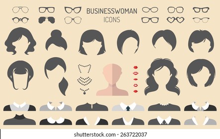 Big vector set of dress up constructor with different businesswoman haircuts, glasses, lips, wear, jewellery in trendy flat style. Female faces icon creator.