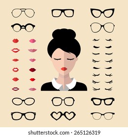 Big vector set of dress up constructor with different woman eyelashes, glasses, lips in trendy flat style. Female faces icon creator.