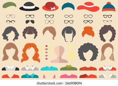 Big vector set of dress up constructor with different woman haircuts, glasses, lips, wear, jewelry in trendy flat style. Female faces icon creator.