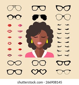 Big vector set of dress up constructor with different woman eyelashes, glasses, lips in trendy flat style. Female faces icon creator.