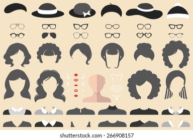 Big vector set of dress up constructor with different woman haircuts, glasses, lips, wear, jewellery in trendy flat style. Female faces icon creator.