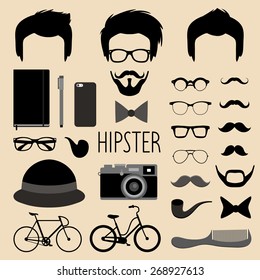 Big vector set of dress up constructor with different men hipster haircuts, glasses, beard, mustache, bikes in trendy flat style. Man faces icon creator
