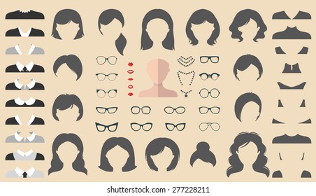 Big vector set of dress up constructor with different woman haircuts, glasses, lips, wear, jewellery in trendy flat style. Female faces icon creator.