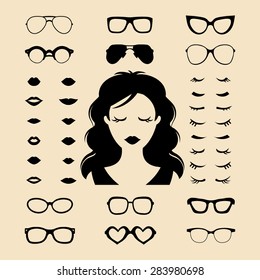 Big vector set of dress up constructor with different woman eyelashes, glasses, lips in trendy flat style. Female faces icon creator.