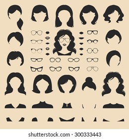 Big vector set of dress up constructor with different woman haircuts, glasses, lips, wear in trendy flat style. Female faces icon creator.