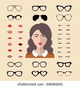 Gran vectorial conjunto de constructora vestida con diferentes pestañas de mujer, lentes, labios en estilo moderno plano. Creador de iconos femeninos planos.