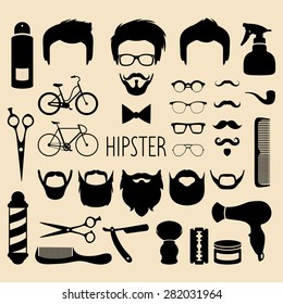 Big vector set of dress up with different men hipster haircuts, glasses, beard, mustache and  barber icons in trendy flat style. App man faces creator with hairdressing salon elements.