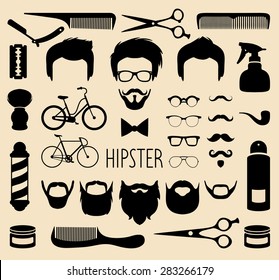 Big vector set of dress up with different men hipster haircuts, glasses, beard, mustache and  barber icons in trendy flat style. App man faces creator with hairdresser elements.