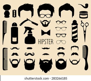 Big vector set of dress up with different men hipster haircuts, glasses, beard, mustache and  barber icons in trendy flat style. App man faces creator with hairdresser elements.