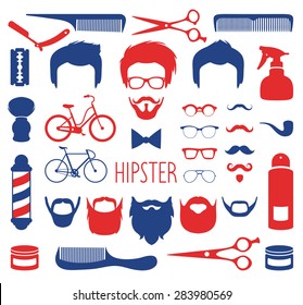 Big vector set of dress up with different men hipster haircuts, glasses, beard, mustache and barber icons in trendy flat style. App man faces creator with hairdresser elements.
