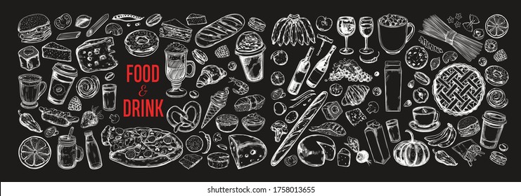 Big vector set of drink and food ingredients. Dairy, bakery, coffee, wine, vegetables etc. Hand drawn sketches. Isolated objects