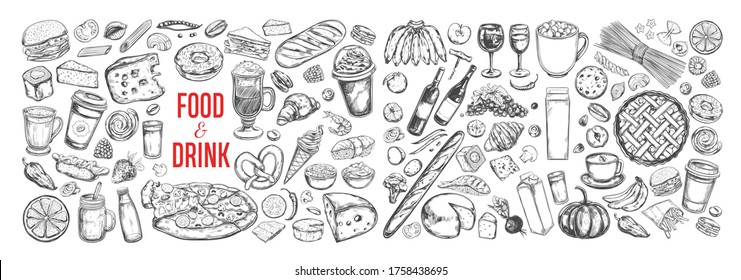 Big vector set of drink and food ingredients. Dairy, bakery, coffee, wine, vegetables etc. Hand drawn sketches. Isolated objects