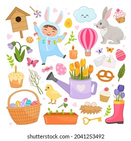 Big vector set of Easter icons. Collection of scrapbooking elements. Easter icons. Cartoon elements: Easter bunny, snowdrops, eggs and Easter cake, flowers in a watering can.
