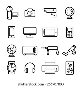 Big vector set of electrical engineering, household appliances and electronics icons in line style