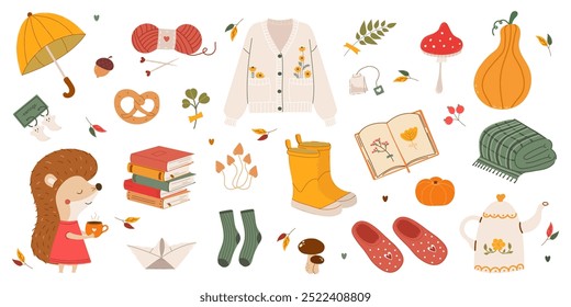  Big vector set of elements. Autumn season. Cozy autumn stickers. Leaves, pumpkins, autumn clothes, umbrella, hedgehog, tea. Collection of autumn elements for scrapbooking.