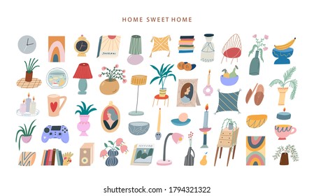 Big vector set of elements of home decor. Potted plants, flowers on vases, bowls, pillows, books, candlesticks, lamps, cups. Cozy home.