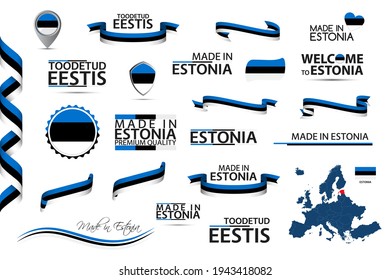 Big vector set of Estonian ribbons, symbols, icons and flags isolated on a white background. Made in Estonia and Toodetud Eestis (in English and Estonian) premium quality