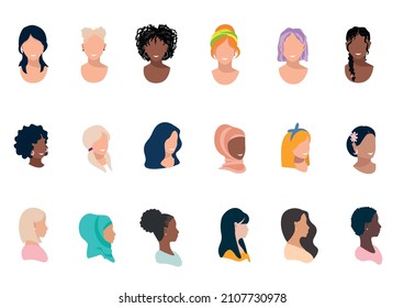 Big vector set of faces of cute girls from different angles and different hairstyles. Beautiful women from different countries. Icons for social networks.