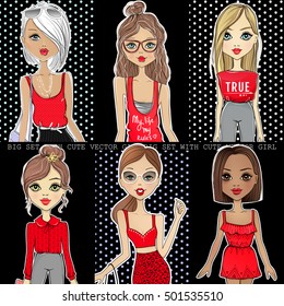 Big vector set with fashion girls. Beautiful fashionable ladies. Collection with cartoon people. Sketch trend models. Hand drawn hipster teen in casual outfits. Female trendy illustration.Cute chicks.