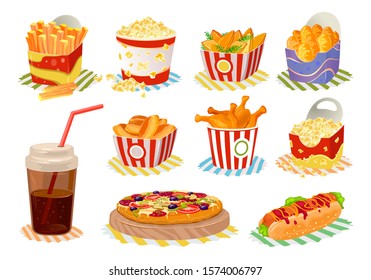 Big vector set with fast food in disposable packing french fries, roasted chicken leg quarters, sweet and salty popcorn, fried potato wedges, pizza, hot dog, cola, fruit pies. Cartoon collection.