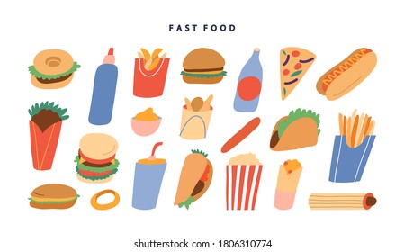 Big vector set of fast food. Collection of different tasty snacks. Hamburger, sandwich, sauce, drinks, popcorn, french fries, hot dog, sausage. Delicious food.