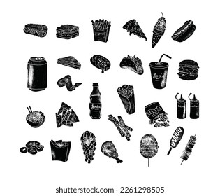 Big vector set, fast food. Sketch style. Fast food. Hamburger, taco, burrito, chicken, potato, fries, sandwich, lemonade, ice cream, hot dog, ketchup, mustard, soda. Hand drawn elements.