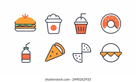 Big vector set, fast food. Sketch style. Fast food. Hamburger, taco, burrito, chicken, potato, fries, sandwich, coffee, lemonade, ice cream, hot dog, ketchup, mustard, soda, beer. Hand drawn elements.