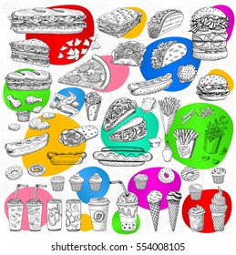 Big vector set, fast food. Sketch style. Fast food. Hamburger, taco, burrito, chicken, potato, fries, sandwich, coffee, lemonade, ice cream, hot dog, ketchup, mustard, soda, beer. Hand drawn elements.