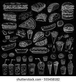 Big vector set, fast food. Sketch style. Fast food. Hamburger, taco, burrito, chicken, potato, fries, sandwich, coffee, beer, ice cream, hot dog, ketchup, mustard, soda, beer. Hand drawn, blackboard.