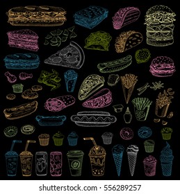 Big vector set, fast food. Color chalk. Fast food. Hamburger, taco, burrito, chicken, potato, fries, sandwich, coffee, ice cream, hot dog, ketchup, mustard, soda, beer. Hand drawn, blackboard.