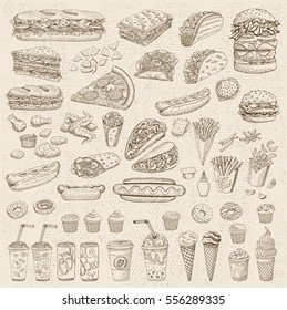 Big vector set, fast food. Old paper, vintage. Fast food. Hamburger, taco, burrito, chicken, potato, fries, sandwich, coffee, ice cream, hot dog, ketchup, mustard, soda, beer. Hand drawn, blackboard.