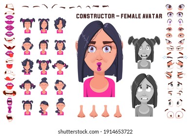 Big vector set of female face constructor avatar.