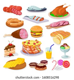 Big vector set with festive food chicken, cheese, salami, ham, fish. hamburger, bread, cake, donuts, candies, juice, ice cream. Cooked dishes for Christmas or New year celebration Cartoon