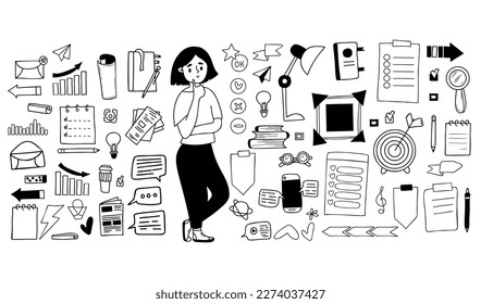 Big vector set financial and business icons. Pensive girl, paper and documents, infographics, target, online messages, signs, arrows, strategy and success. Isolated linear hand doodles.