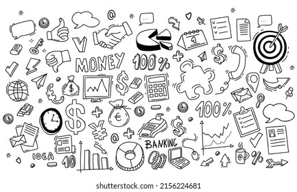 Große Vektorgrafik von finanziellen Symbolen. Handgesten, Geld und Business, Finanzen und Diagramme, Infografiken und Büroartikel. Vektorgrafik. Einzeln lineare, handgezeichnete Doodles.